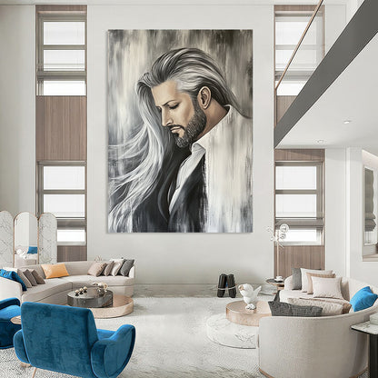 Contemporary hand-painted abstract art featuring a white horse with a flowing mane against a muted grey backdrop, capturing dynamic movement and elegance. DLZ1514