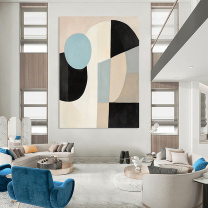 Contemporary abstract painting featuring large black white and beige shapes with a blue circle on a light pink background in soft minimalist style. DLZ1040