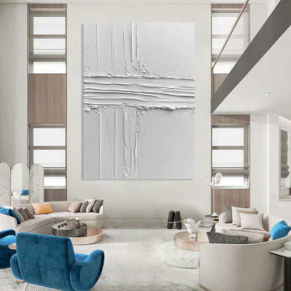 Contemporary abstract art featuring a textured white surface with an irregular line, evoking calmness and minimalism through its impasto technique and clean design. DLZ1261