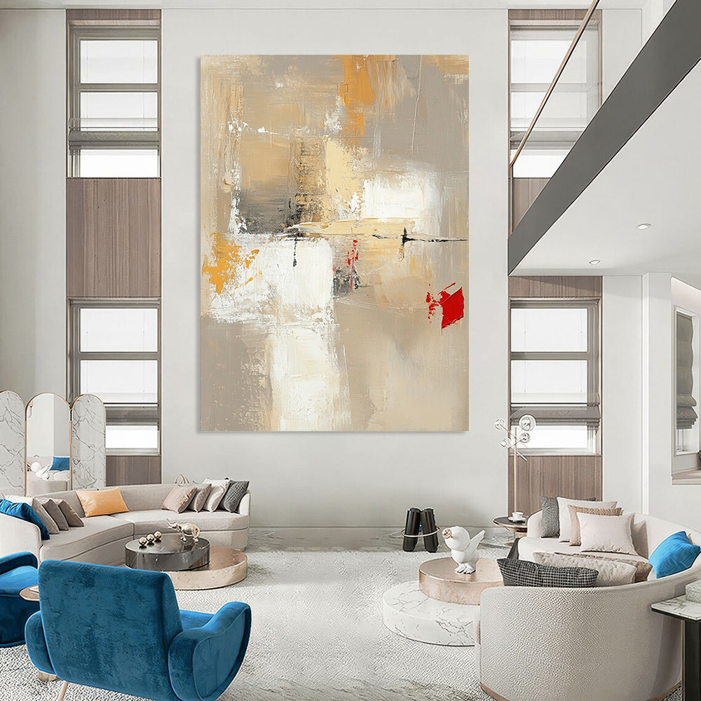Contemporary hand-painted abstract artwork featuring neutral tones with red and yellow accents large white spaces and dynamic brush strokes and textures. DLZ0922