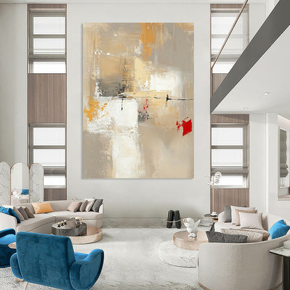 Contemporary hand-painted abstract artwork featuring neutral tones with red and yellow accents large white spaces and dynamic brush strokes and textures. DLZ0922