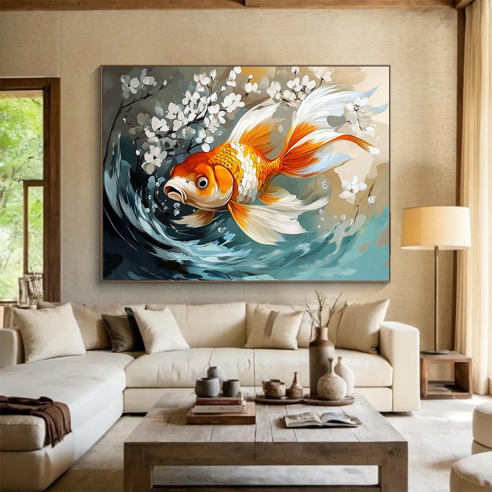“Goldfish with White Blossoms” - Orange, White, Blue, Nature Scene with Fish - Digital Art HB1650