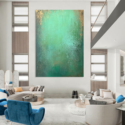 Contemporary hand-painted abstract art features an emerald green gradient with textured layers of seafoam and hints of shimmering gold for depth. DLZ1293