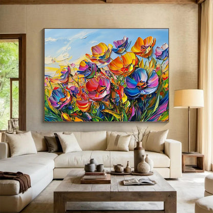 “Vibrant Colorful Flower Field” - Pink, Purple, Orange, Yellow, Textured Flower Field - Impasto Acrylic Painting HB1640