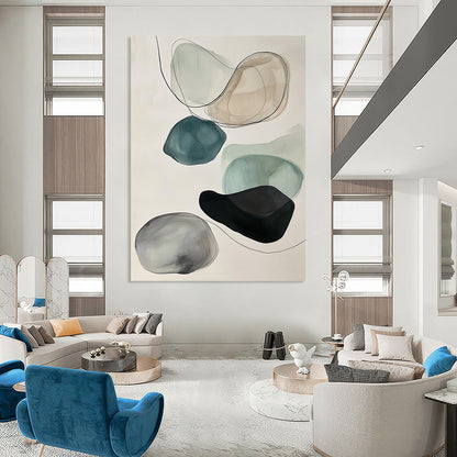 Contemporary abstract art featuring muted colors, black ink outlines, floating rocks in gray and teal on a white background. DLZ0796