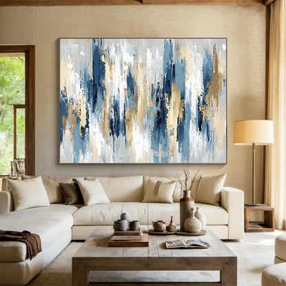 “Elegant Blue, Gray, and Gold Vertical Strokes” - Blue, gray, gold; Abstract vertical strokes with gold accents; Acrylic Painting On Canvas HB1231
