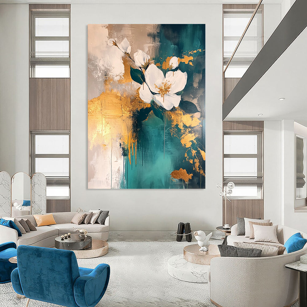 Contemporary abstract painting featuring atmospheric gold leaf accents with teal and white tones and layered flowers on a neutral background. DLZ0502
