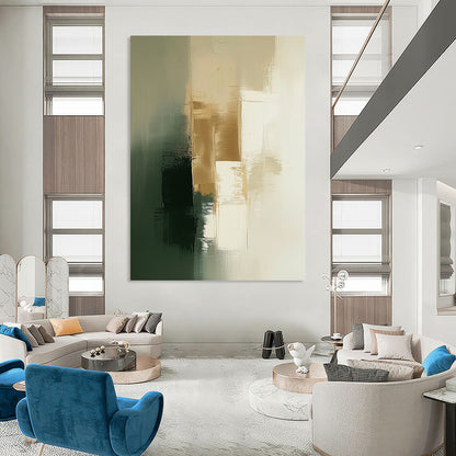 Contemporary abstract painting features soothing sage green and white tones with elegant gold accents for a tranquil atmosphere. DLZ0879