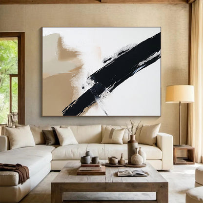 “Beige - Black Diagonal Brushstroke” - Beige, Black, Dynamic Stroke Painting On Canvas HB0802
