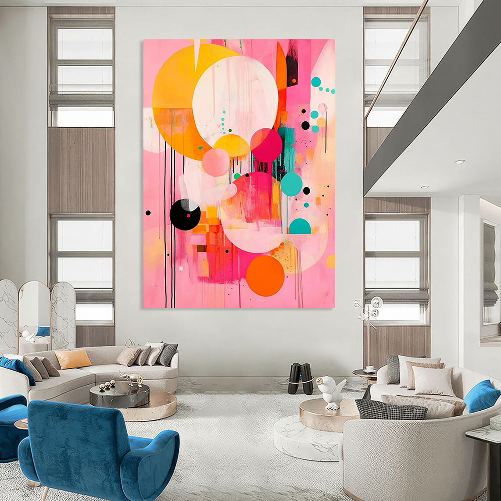 Contemporary abstract painting features large circles and colorful shapes on a pink background with black lines and orange accents in a joyful style. DLZ0763