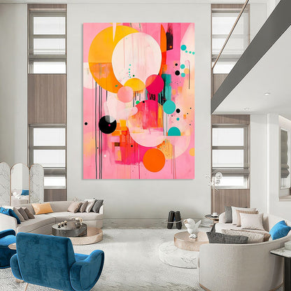 Contemporary abstract painting features large circles and colorful shapes on a pink background with black lines and orange accents in a joyful style. DLZ0763