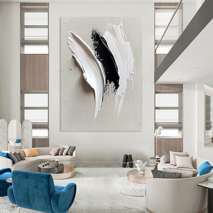Contemporary abstract painting featuring minimalist white and black strokes on light gray, symbolizing an eagle's wing with a blend of elegance and strength. DLZ0664