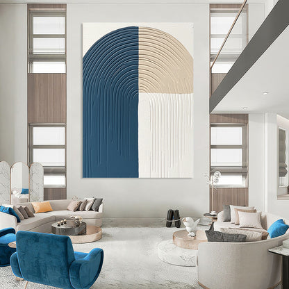 Contemporary hand-painted abstract art features thick lines and curves in blue gray and beige on a white background with a semi-circular arc shape. DLZ1376