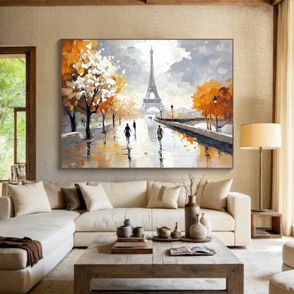 “Autumn in Paris” - Oranges, Grays, Whites, Eiffel Tower and Tree - Lined Path in Autumn - Impressionist Oil Painting HB1715