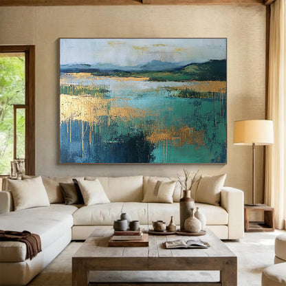 “Gold - Accented Lake Scene” - Blue, Green, Gold, Abstract Lake Landscape Painting On Canvas HB0990