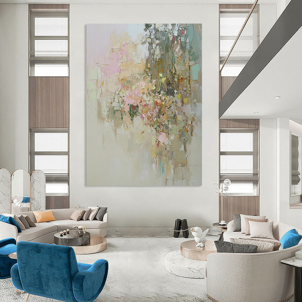 Contemporary abstract artwork showcasing an overgrown garden in muted pastels with visible textures and dreamy soft lighting emphasizing natural beauty. DLZ0889