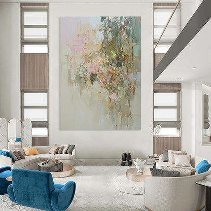 Contemporary abstract artwork showcasing an overgrown garden in muted pastels with visible textures and dreamy soft lighting emphasizing natural beauty. DLZ0889