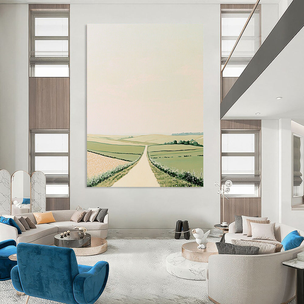 Contemporary hand-painted abstract art featuring rolling green fields and minimalistic Scandinavian style in muted pastels on a beige background. DLZ1503