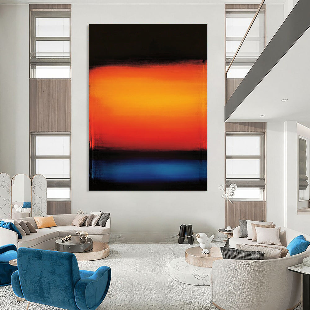 Bold contemporary hand-painted abstract artwork with a serene orange and blue gradient background and glowing shades of red and blue. DLZ1157