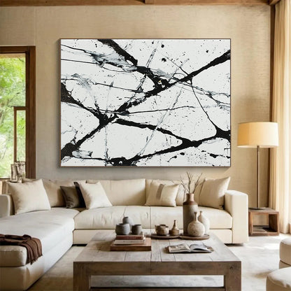 Black, White, Gray, Web - like Lines "Chaotic Web" Abstract Expressionist Painting On Canvas HB046