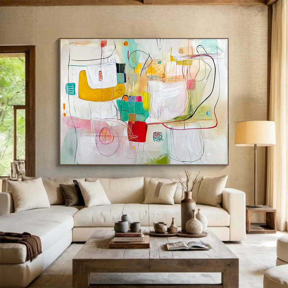 “Whimsical Color Doodles” - Pastel Colors, Abstract Shapes, Sketch - like Painting On Canvas HB1105