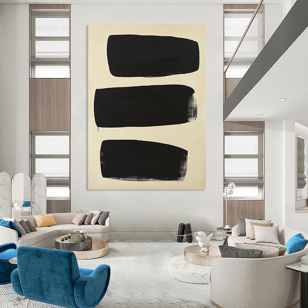 Contemporary abstract painting featuring five overlapping black shapes on a cream background inspired by Adolphus Reiffel's minimalistic style. DLZ1414