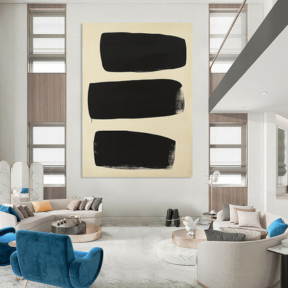 Contemporary abstract painting featuring five overlapping black shapes on a cream background inspired by Adolphus Reiffel's minimalistic style. DLZ1414