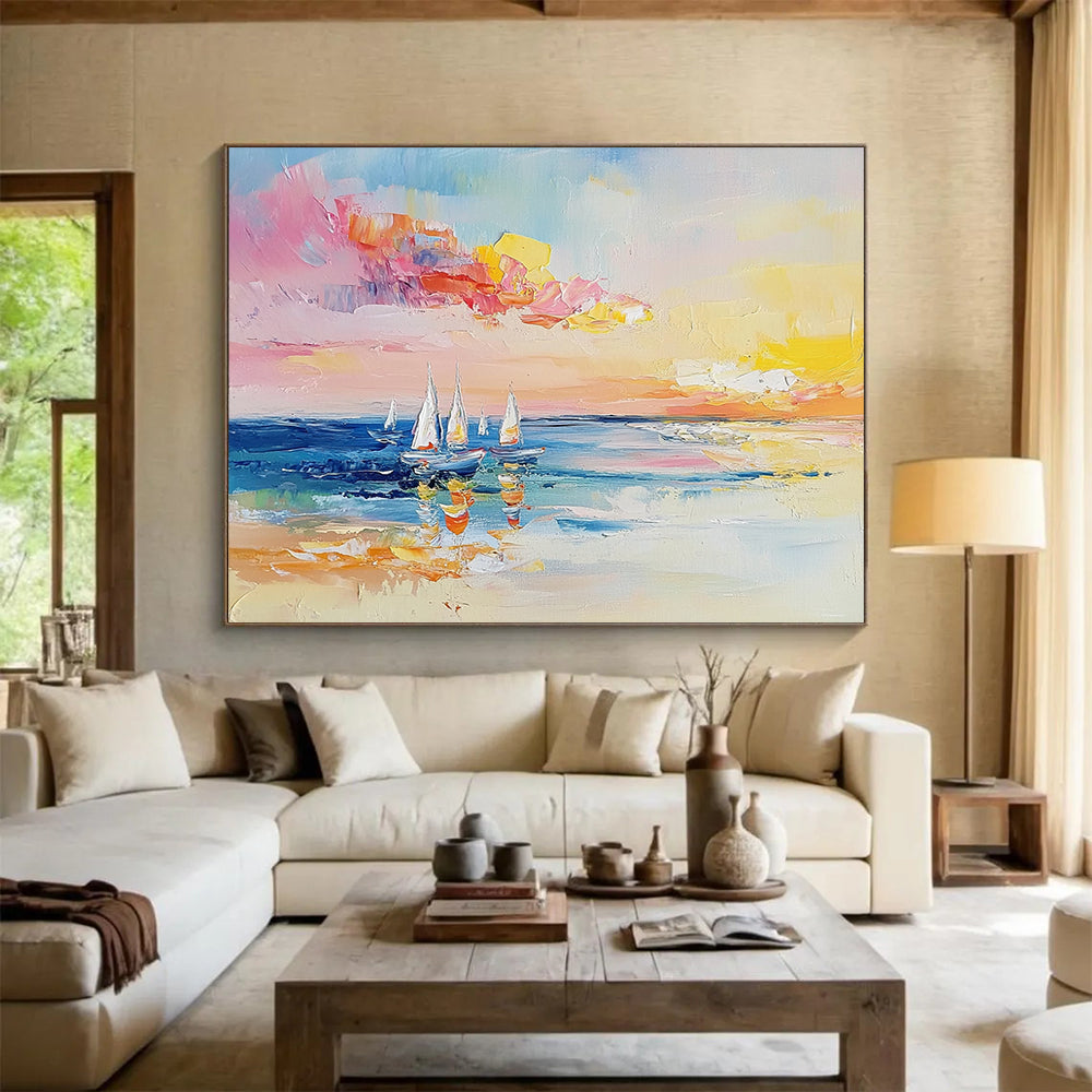 “Colorful Sailboat Seascape” - Pink, Yellow, Blue, White - Impasto Sailboats at Sunset - Oil Painting HB1307