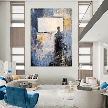 Large contemporary abstract painting featuring soft gray and blue tones with yellow accents and a vintage white rectangle on a dark grungy background. DLZ0503