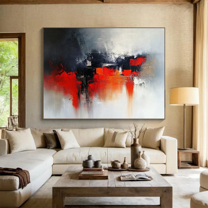 “Dark Urban Abstract” - Gray, black, red, orange; Moody abstract cityscape; Oil Painting On Canvas HB1208