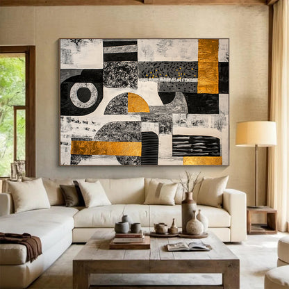 Black, White, Gray, Gold and Yellow Geometric Collage "Vibrant Mosaic" Painting On Canvas HB377