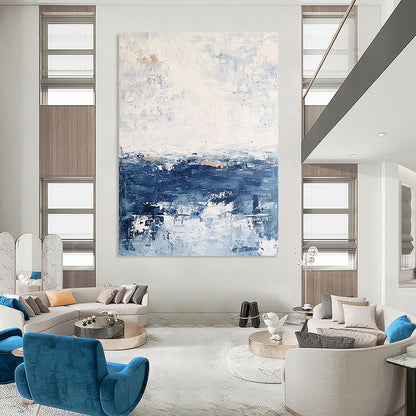 Contemporary abstract artwork featuring textured layers in neutral tones with blue sea and white sky for a minimalist landscape aesthetic. DLZ0364