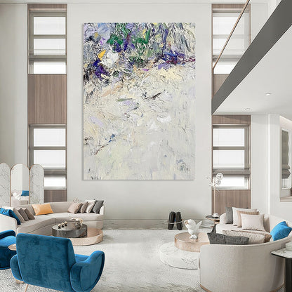 Large contemporary hand-painted abstract artwork featuring textured white sand with vibrant green and purple accents in the style of Claude Monet. DLZ0675