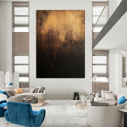 Contemporary abstract art features a dark brown distressed background with textured dark grays and subtle gold accents in a captivating style. DLZ1241