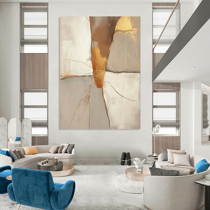 Contemporary hand-painted abstract artwork featuring a beige background with golden cracks and neutral tones in brown and gold. DLZ0290