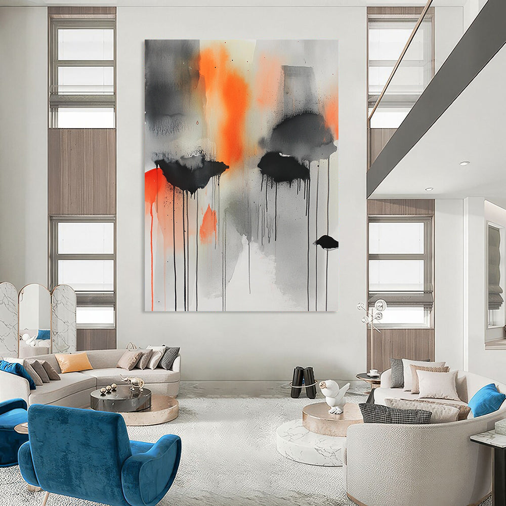 Contemporary hand-painted abstract art featuring gray, orange, and black hues with captivating watercolor drips and splatters for a dynamic visual experience. DLZ1034