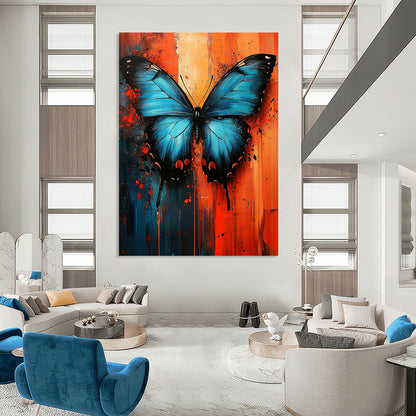 Contemporary abstract art features a blue butterfly on a vibrant red and orange textured background, capturing urban energy through dynamic oil paint strokes. DLZ1155