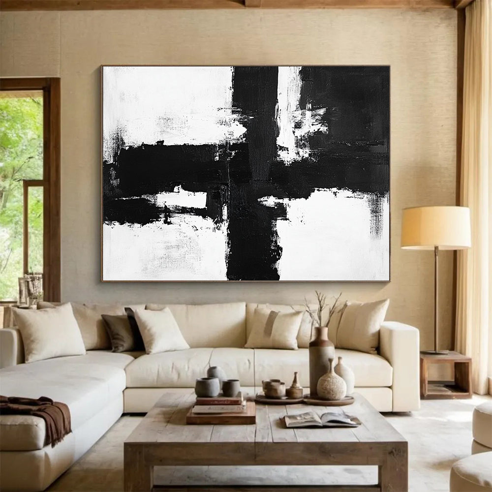 “Bold Black - White Cross Strokes” - Black, White, Dynamic Crosses Painting On Canvas HB0799