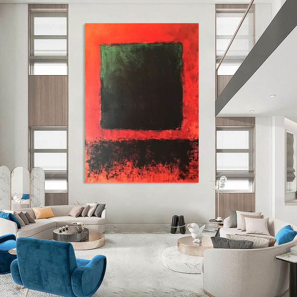 Contemporary hand-painted abstract artwork featuring a central dark green and black square against a blended vibrant red background. DLZ1449