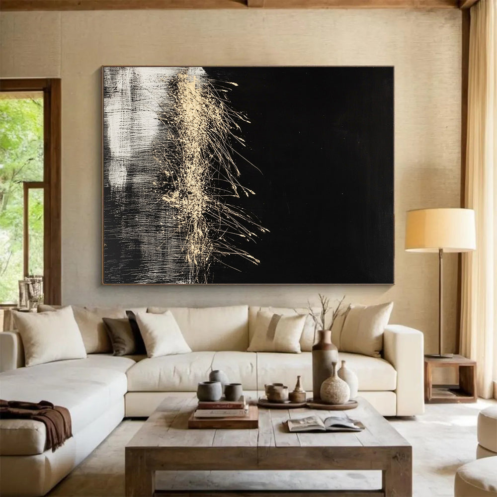 Black, Gold, White, Grass - like Swirls "Midnight Meadow" Abstract Modernist Painting On Canvas HB084