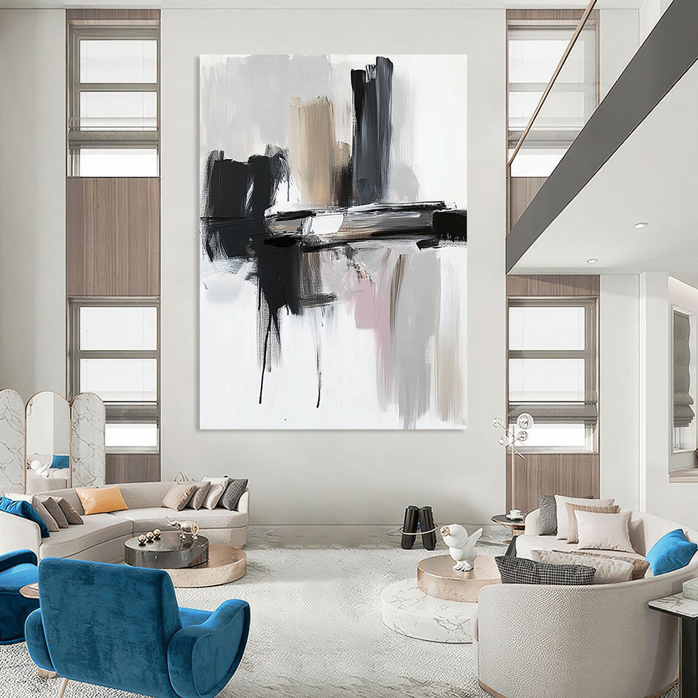 Contemporary abstract painting featuring thick brushstrokes in black and gray against a white backdrop showcasing dynamic shapes and textures. DLZ0772