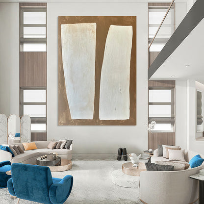 Large contemporary hand-painted abstract art featuring white rectangular forms on a textured brown and white background with soft edges and a minimalist style. DLZ1750
