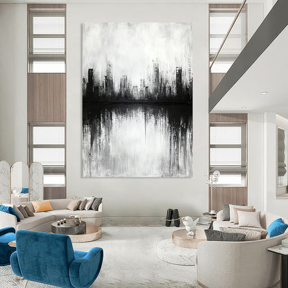 Contemporary abstract artwork featuring a cityscape with lake reflections soft focus and neutral tones creating a tranquil and contemplative atmosphere. DLZ0301