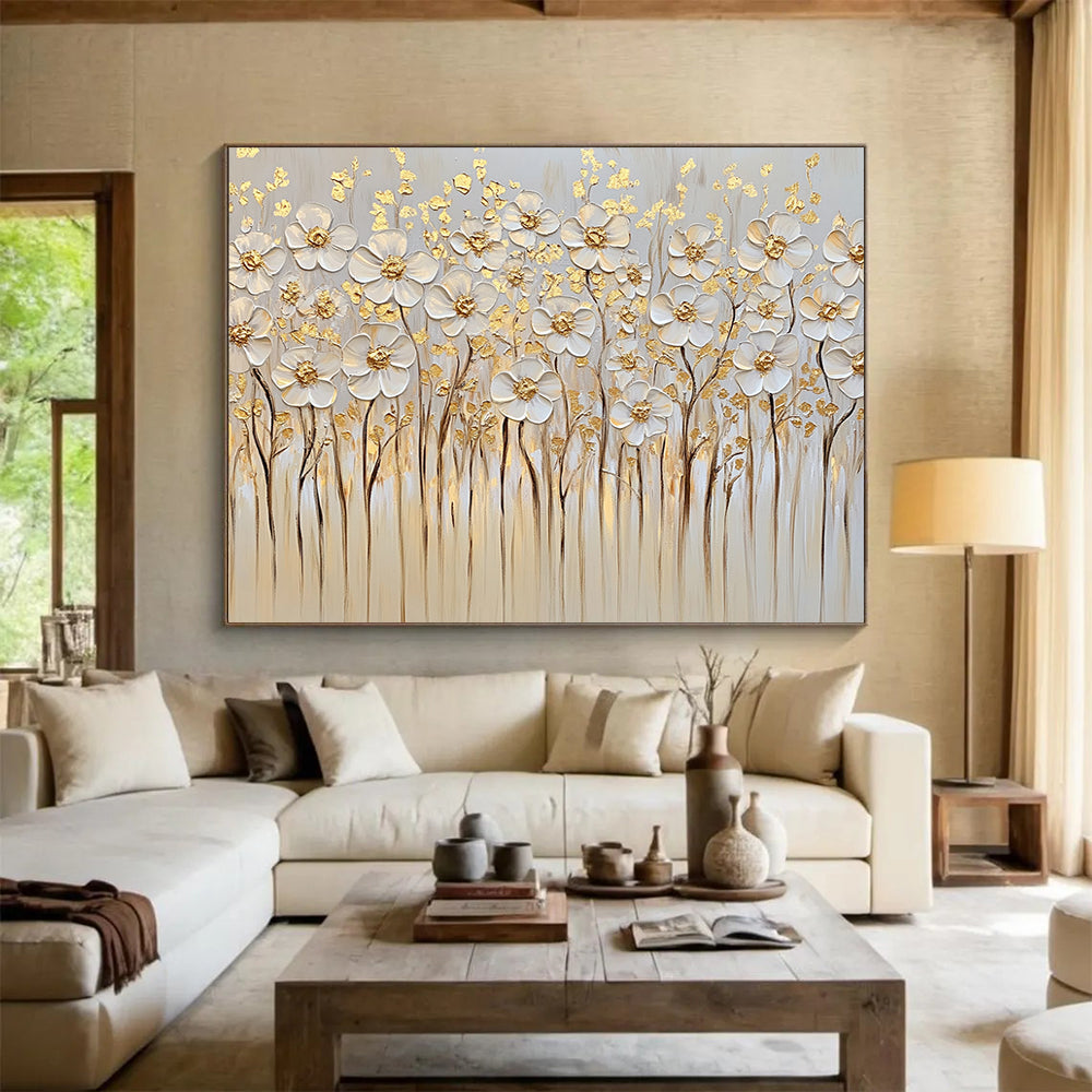 “Gold - Accented White Flowers” - White, Gold, Beige, Textured White Flowers with Gold Details - Impasto Oil Painting HB1781