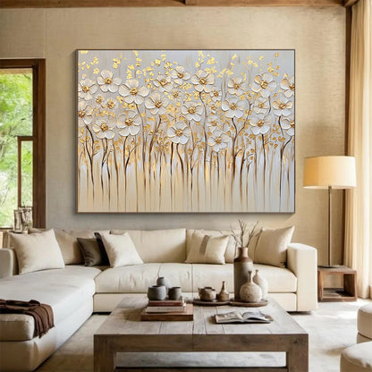 “Gold - Accented White Flowers” - White, Gold, Beige, Textured White Flowers with Gold Details - Impasto Oil Painting HB1781