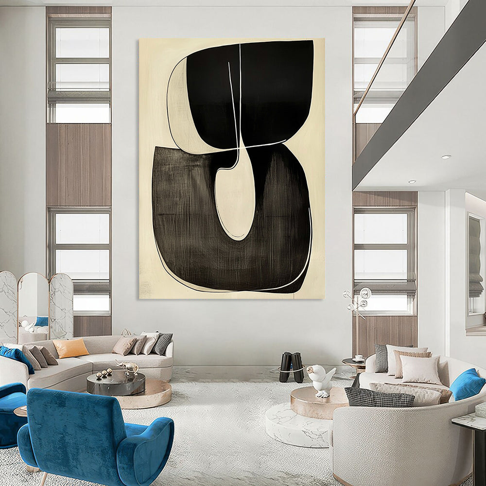 Contemporary hand-painted abstract art featuring a looping R shape outlined in white against a minimalist black and white background. DLZ1341