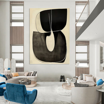 Contemporary hand-painted abstract art featuring a looping R shape outlined in white against a minimalist black and white background. DLZ1341