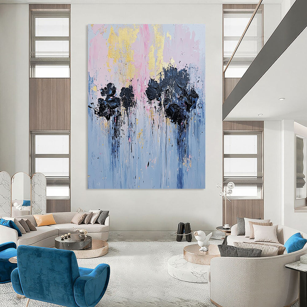Contemporary hand-painted abstract artwork featuring textured black flowers in an urban setting with pale pink and blue tones and gold leaf accents. DLZ0477