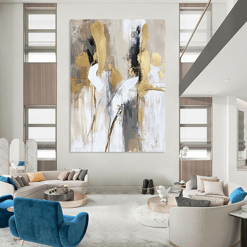 Contemporary hand-painted abstract art featuring soft brush strokes in neutral beige and white tones with elegant gold accents depicting dancing bodies in motion. DLZ0768