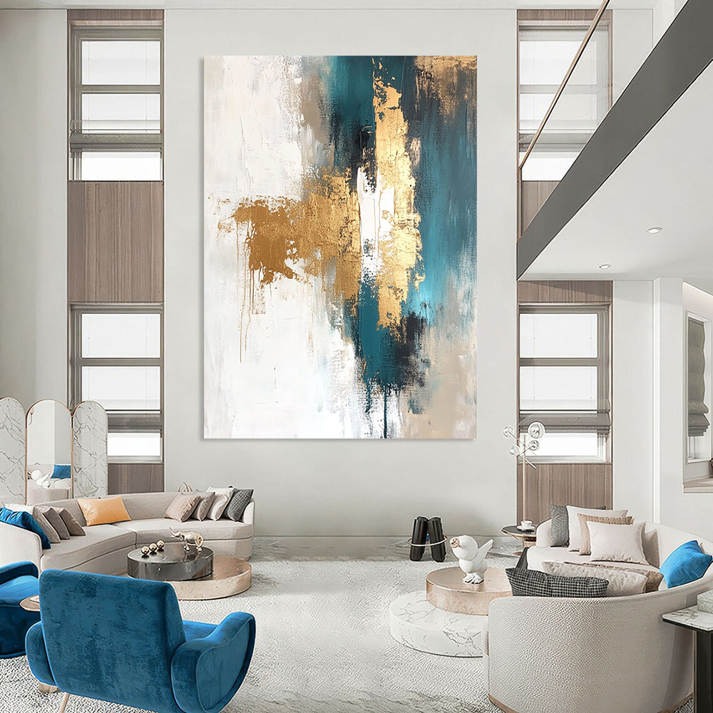 Contemporary hand-painted abstract artwork featuring gold leaf with white teal beige and brown tones and elegant gold foil accents. DLZ0743